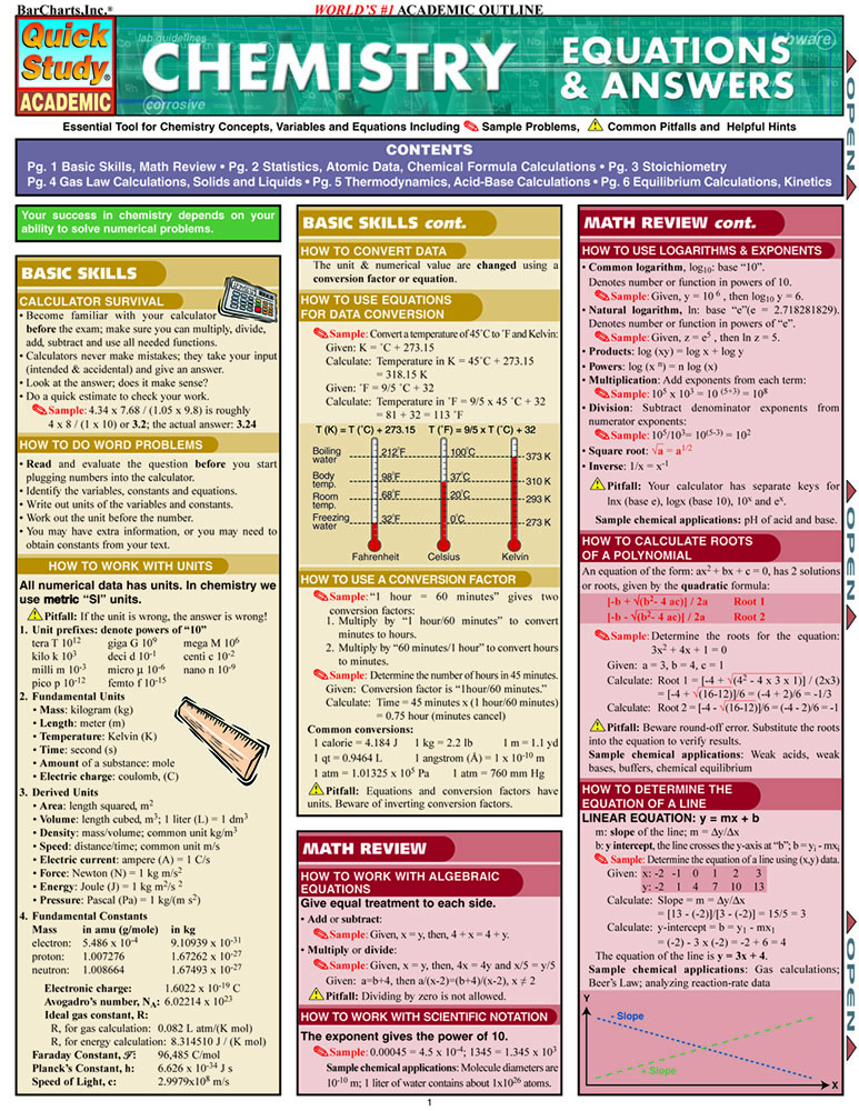 Chemistry Equations & Answers: a QuickStudy Reference Guide