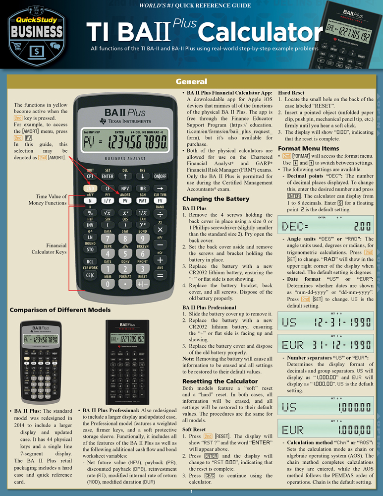 TI BA II Plus Calculator: a QuickStudy Laminated Reference Guide First Edition, New Edition