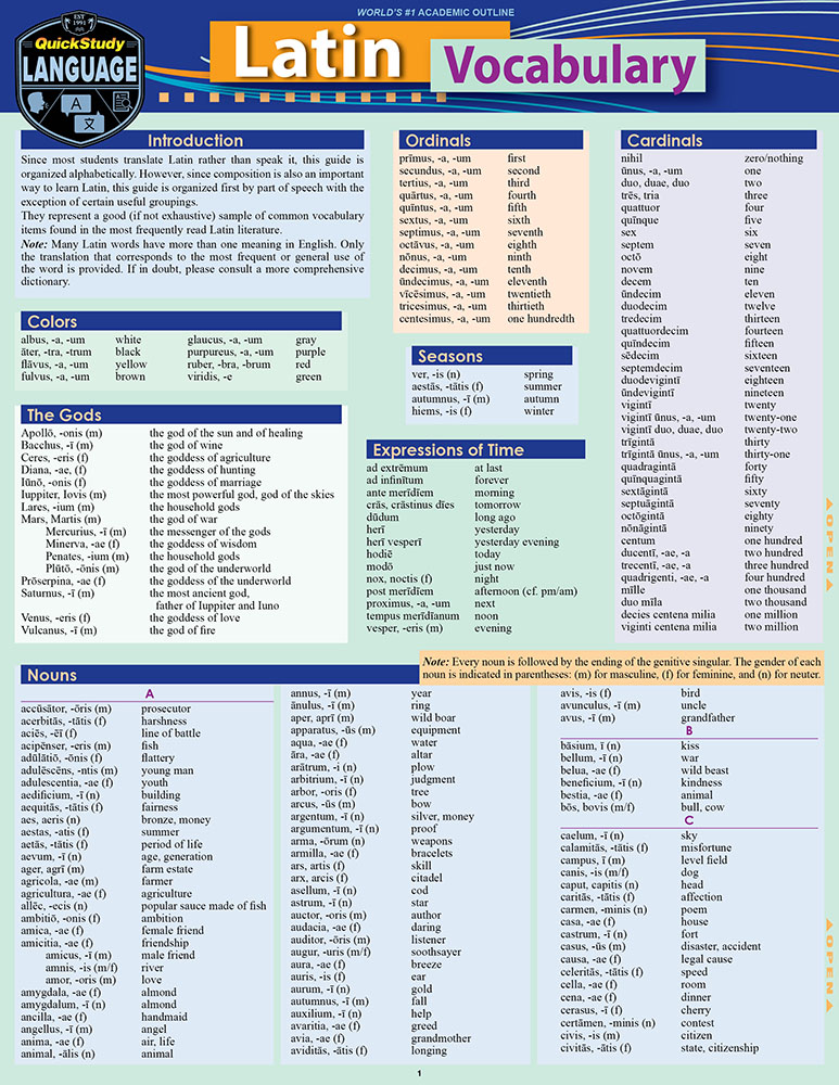 Latin Vocabulary: a QuickStudy Laminated Reference Guide Second Edition, New Edition, Updated & Revised