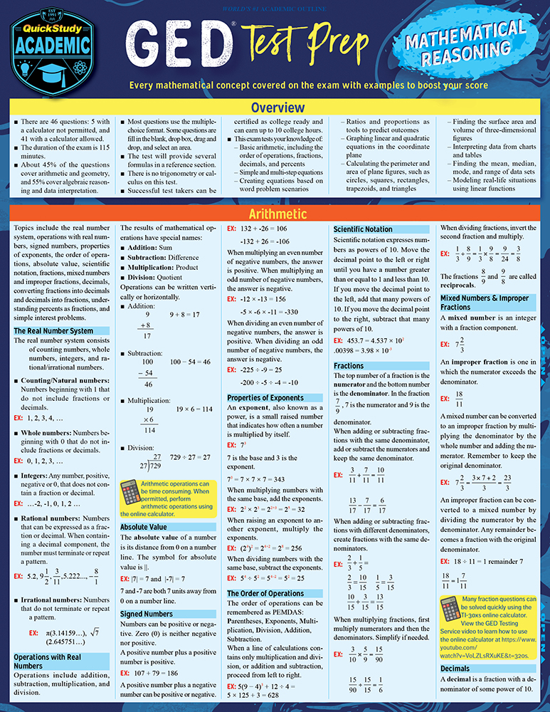 GED Test Prep - Mathematical Reasoning: a QuickStudy Laminated Reference Guide First Edition, New Edition